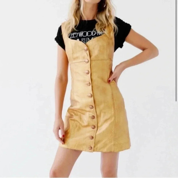 FREE PEOPLE 100% LEATHER MINI DRESS‎ GOLD IN COLOR SIZE 2 - Picture 1 of 11